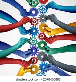 Teamwork collaboration concept and connecting unity or team idea as a business metaphor for joining a partnership as diverse people connected together with 3D illustration elements.