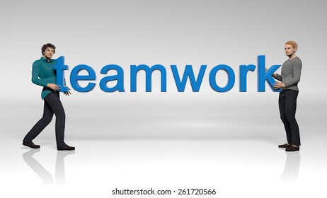 Teamwork Collaboration, two men holding a blue Teamwork sign, isolated on white background