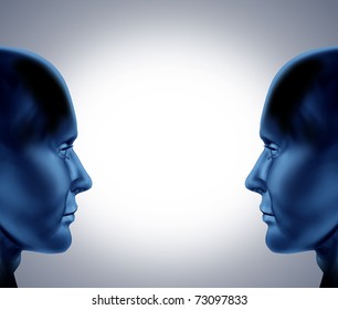 Teamwork and communication symbol represented by two human heads using their brains and minds to work together as a partnership and build a successful business together.