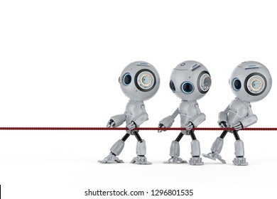 Teamwork Concept With 3d Rendering Mini Robot In A Tug Of War