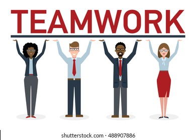 Teamwork concept. Four businessmen holding placard teamwork. Success in business, career and communication. Happy partership helps find solution and achieve success.