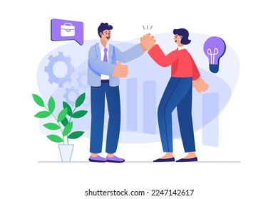 Teamwork concept with people scene. Man and woman success cooperate in working on project, partnership communication, idea generation. Illustration with character in flat design for web banner - Powered by Shutterstock