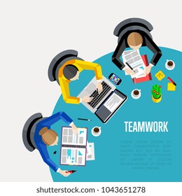 Teamwork concept. Top view workspace background,  illustration. Business workplace with people, paperwork, laptop, smartphone, cup of coffee and other objects on table. Business people in office