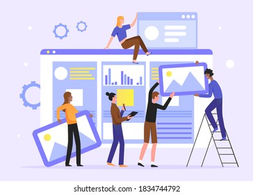 Teamwork develop social media content illustration. Cartoon flat tiny developer designer people team working on creative webpage, news portal or information website. Web development background
