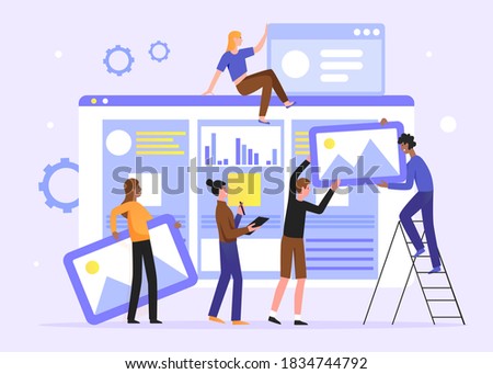 Teamwork develop social media content illustration. Cartoon flat tiny developer designer people team working on creative webpage, news portal or information website. Web development background