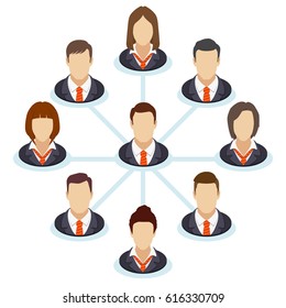 Teamwork flow chart. Corporate organization chart with business people icons. Spider business-diagram. Company structure in a flat style. Raster illustration.