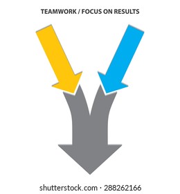 Teamwork And Focus On Results - 2 In 1 Vertical Converging Arrows, On A White Background