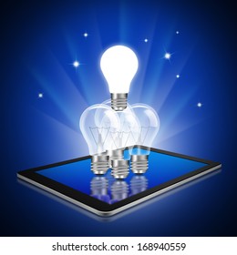Teamwork with idea light bulbs on tablet,tablet  illustration