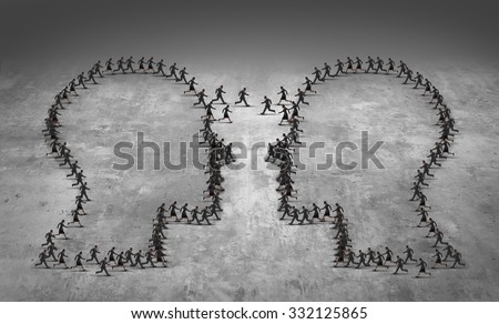Teamwork leadership business concept or employee poaching symbol as a group of running businesspeople shaped as two heads meeting together as an icon for human resource management or trade strategy. Stock photo © 