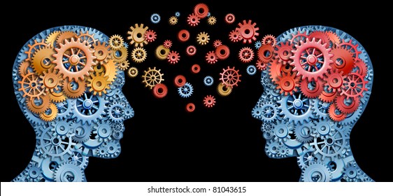 Teamwork and Leadership with education symbol represented by two human heads shaped with gears with red and gold brain idea made of  cogs representing working together as a team in partnership.