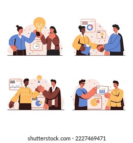 Teamwork people concept isolated scenes set. Men and women work together in office, develop business, discuss financial analytics, generate ideas, brainstorming. Illustration in flat design - Powered by Shutterstock