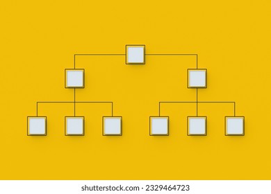 Teamwork and recruting. Scheme made from empty buttons. Hierarchical organizational chart concept. Company structure. Management and marketing. Supply chain. Network distribution. Top view. 3d render