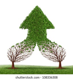 Teamwork Success And Working Together As A Business Symbol And Financial Merger Concept With Two Trees Connecting And Merging As One Forming A Healthy Growing Arrow Shaped Tree As An Icon Of Growth.