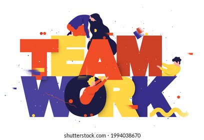 Teamwork. Team Building Flat Illustration. Coworking And Business Partnership Concept. Businessmen And Businesswomen Cooperation.