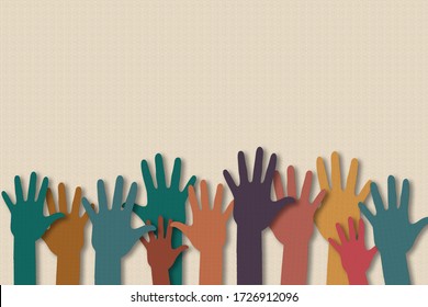 Teamwork, Volunteer, Community service and charity work concept. Paper cut of hand raise up many people and join hand together on paper texture background. With copy space for your text. - Powered by Shutterstock