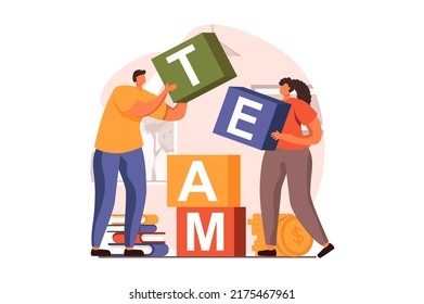 Teamwork web concept in flat design. Man and woman build from cubes and work as team, collaboration, brainstorming, partnership, innovation and development. Illustration with people scene