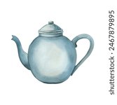 Teapot for brewing. Blue round ceramic teapot. Watercolor illustration. All elements are hand-painted with watercolors. Suitable for printing on fabric and paper, textiles, kitchen.