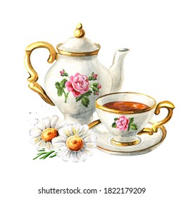 Teapot, cup of tea and Chamomile. Hand drawn watercolor illustration isolated on white background