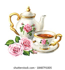Teapot, cup of tea and rose flower. Hand drawn watercolor illustration isolated on white background