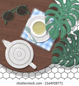 Teapot, Tea Cup, Glasses And Spoon On The Table. Trendy Top Down View Illustration With Monstera Plant And Tile Floor. Modern Minimalistic Hand Drawn Cafe Space Design For Web Card, Banner.