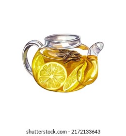 Teapot with tea. Transparent glass teapot with lemon tea. Watercolor illustration.