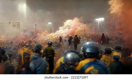 Tear Gas Firing At Football Match, Football Fans Clash With Riot Police During The Football Cup Game Played At Football Stadium. Illustration 