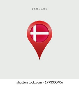 Teardrop map marker with flag of Denmark. Danish flag inserted in the location map pin. illustration isolated on light grey background.