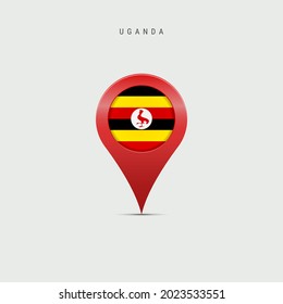 Teardrop map marker with flag of Uganda. Ugandan flag inserted in the location map pin. 3D illustration isolated on light grey background.