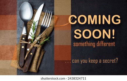 teaser poster wall mural sticker with coming soon phrase for pastry restaurant grocery coffee shops spoon and pork  - Powered by Shutterstock