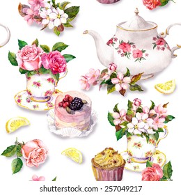 Teatime Pattern With Flowers In Teacup, Cake And Teapot. Water Color. Seamless Background