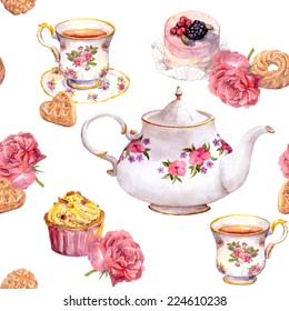 Teatime - Tea Pot, Teacup, Cakes And Flowers. Repeating Tea Pattern. Watercolour