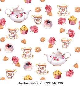 Teatime - teapot, tea cup, cakes and flowers. Seamless tea pattern. Watercolor