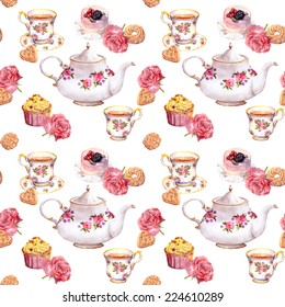 Teatime - Teapot, Tea Cup, Cakes And Flowers. Repeating Tea Pattern. Water Color