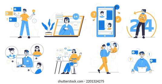 Tech Customer Support Service Workers, Online Client Support Center. Advice, Problem Solving Customer Care, Hotline Operators Flat Symbols Illustration Set. Customer Support Collection