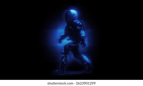 A tech HUD screen with digital interface elements and grid, featuring a holographic astronaut.