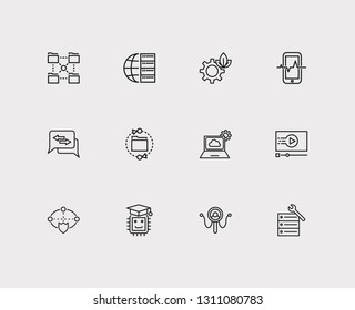 Tech icons set. Machine learning and tech icons with cloud computing, mobile traffic and cyber security. Set of mechanical for web app logo UI design.