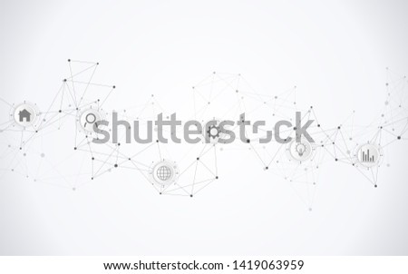 Technical abstract background with connecting dots and lines. Digital technology and communication concept with flat icons