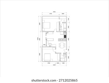 Technical architectural 2D floor plan for a narrow, vertical two-bedroom apartment unit. Concepts related to precise architectural dimensioning, technical blueprint reading, or small-space residential