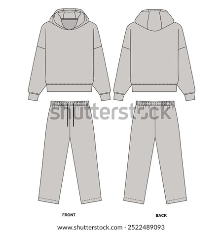 Technical drawing of gray color tracksuit, front and back view. Sketch of basic hoodie with long sleeve. Sketch of straight sweatpants with drawstring.