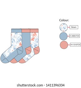 Technical drawing for kids socks collection.Socks portfolio.Summer collection.Stripe,polka-dota , fruit pattern, animal print, colorful,flowers,memaids,heart pattern.