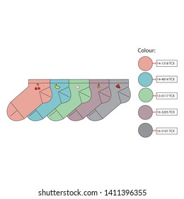 Technical drawing for kids socks collection.Socks portfolio.Summer collection.Stripe,polka-dota , fruit pattern, animal print, colorful,flowers,memaids,heart pattern.