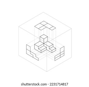 technical drawing orthographic projection 3 views an object using the glass box method