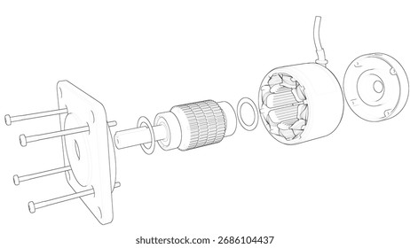 Technical drawing Stepper Motor - Exploded View. 3D rendering isolated on white background. 3D Mesh, Sketch, Vector style. Ideal for educational, engineering, and industrial design.
