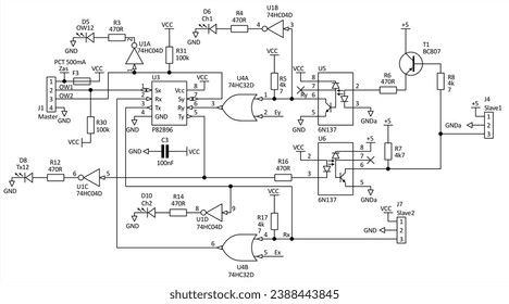 Technical schematic diagram of electronic device. Drawing electrical circuit with controller, 
led, integrated circuit, capacitor, resistor,
transistor, logic gate, other electronic components.