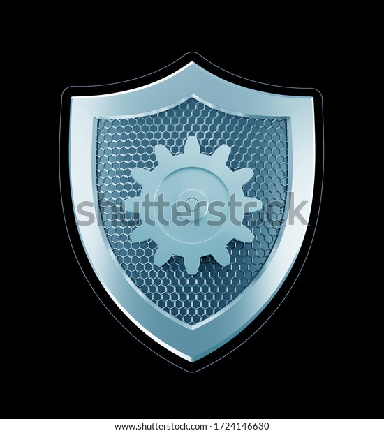 Technical Security.\
Single metallic gear attached to center of a metallic shield which\
is isolated on black background. 3D-rendering graphics on the theme\
of\
\'Cybersecurity\'.
