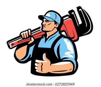 Technical service emblem, workshop logo. Plumber with plumbing wrench. Construction, repair work illustration - Powered by Shutterstock