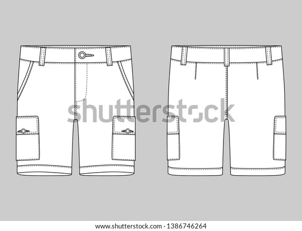 Technical sketch cargo
shorts pants design template. Cargo Pants. Fashion illustration on
grey
background