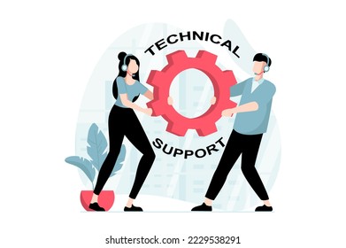 Technical support concept with people scene in flat design. Man and woman in headphones receive calls and messages and help solve tech problems. Illustration with character situation for web
