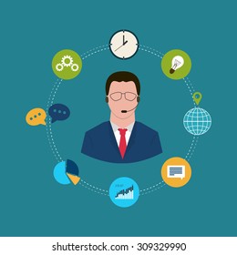 Technical support flat illustration. Man with icons. 