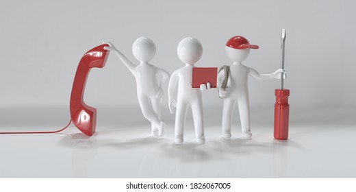 Technical support team. Technician and workers of various professions. Specialists Team Using Tools, Installing, Repairing, Maintaining. Miniature people. 3d illustration
